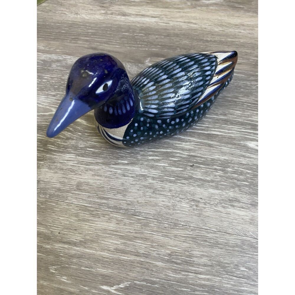 Vintage Mexican Art Pottery TONALA With Brass Duck 9” x 5” Hand Painted - Picture 7 of 9
